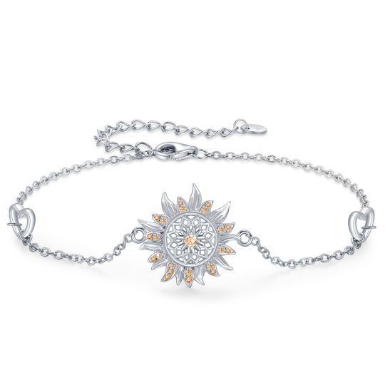 Sterling Silver Circular Shaped Cubic Zirconia Sunflower Charm Bracelet