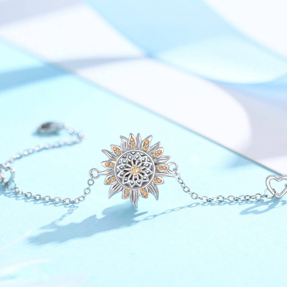 Sterling Silver Circular Shaped Cubic Zirconia Sunflower Charm Bracelet-4