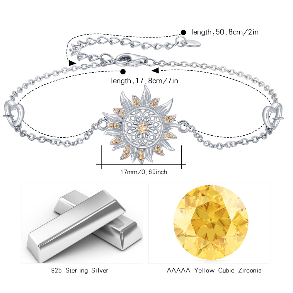 Sterling Silver Circular Shaped Cubic Zirconia Sunflower Charm Bracelet-5