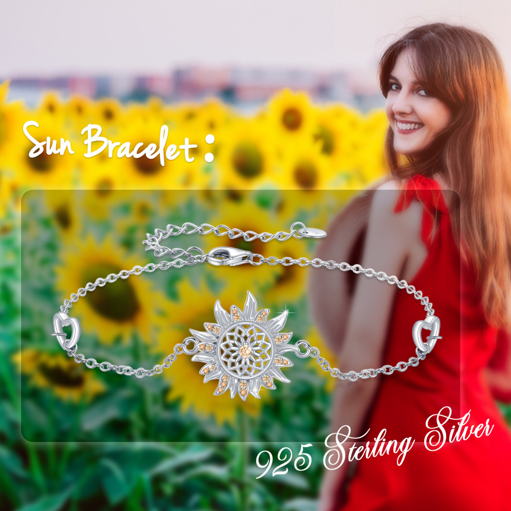 Sterling Silver Circular Shaped Cubic Zirconia Sunflower Charm Bracelet-6