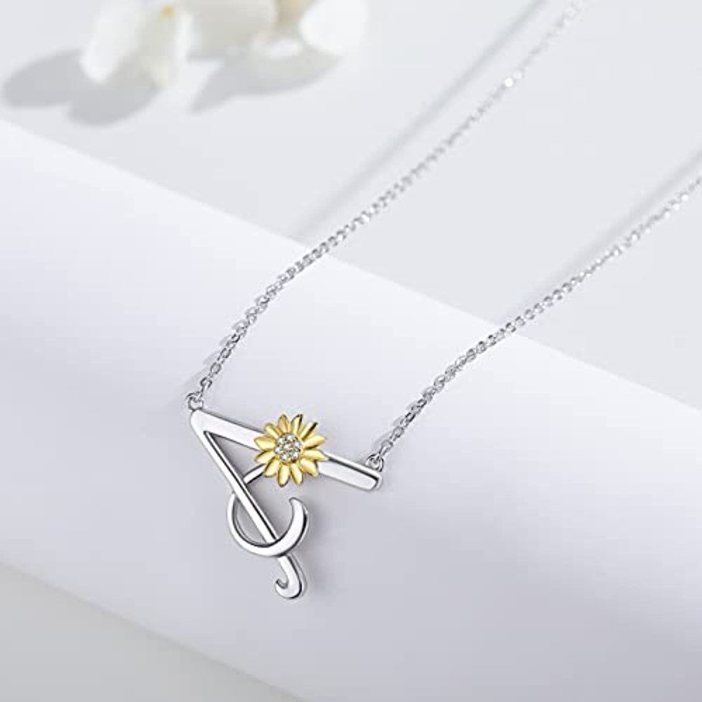 Sterling Silver Circular Shaped Cubic Zirconia Sunflower Pendant Necklace-5