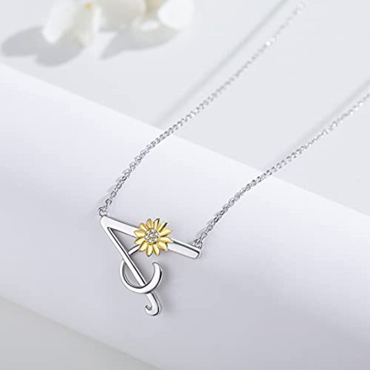 Sterling Silver Circular Shaped Cubic Zirconia Sunflower Pendant Necklace-5