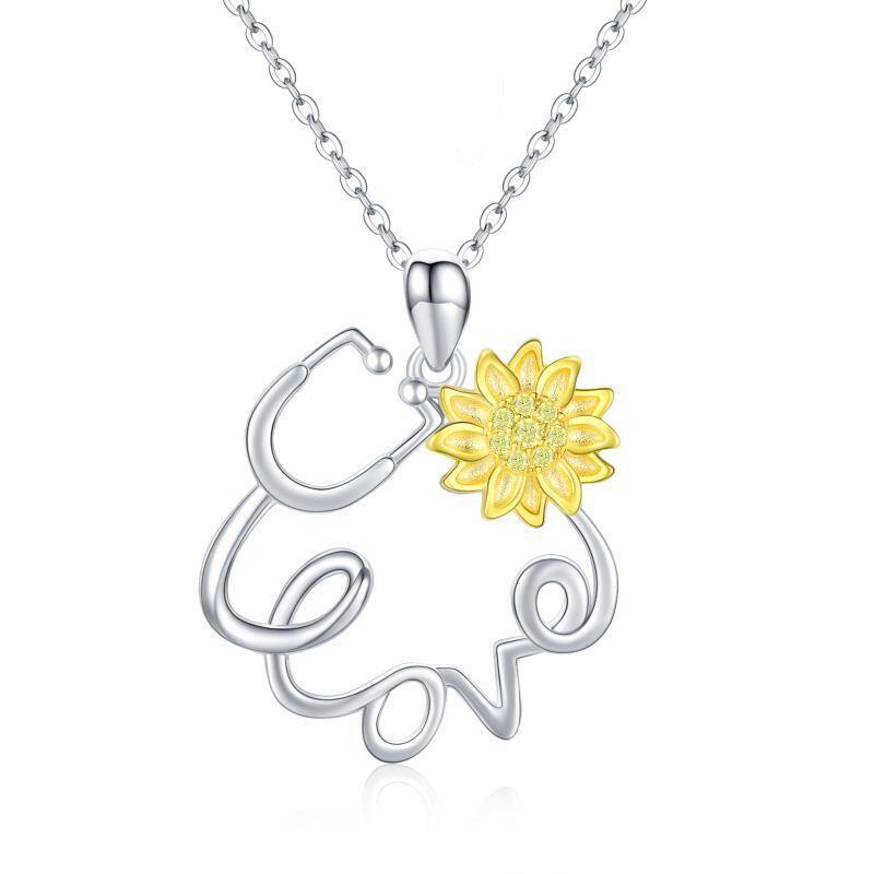 Sterling Silver Circular Shaped Cubic Zirconia Sunflower & Stethoscope Pendant Necklace with Engraved Word-2