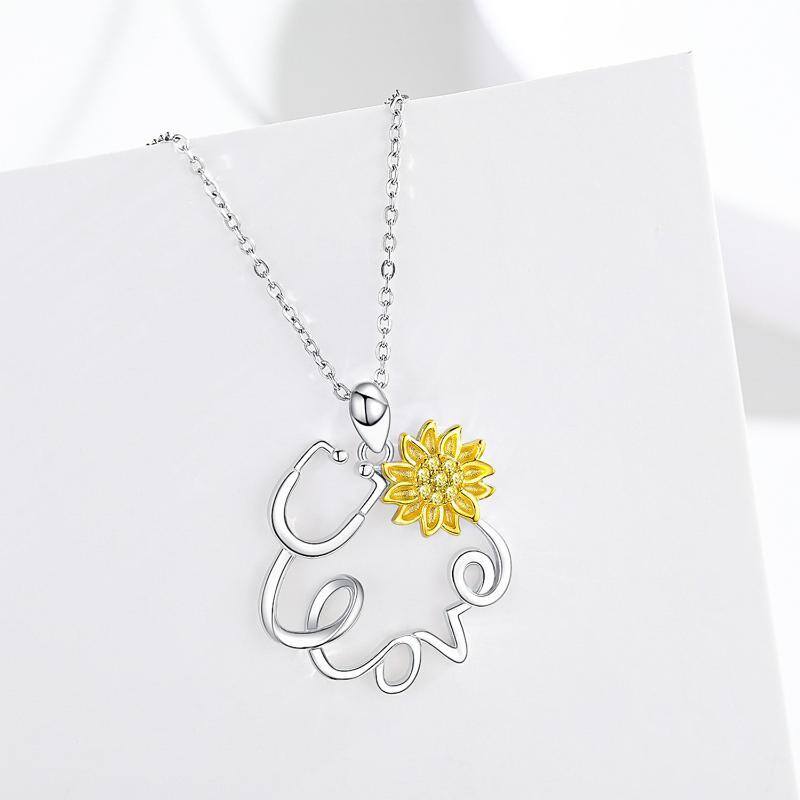 Sterling Silver Circular Shaped Cubic Zirconia Sunflower & Stethoscope Pendant Necklace with Engraved Word-4