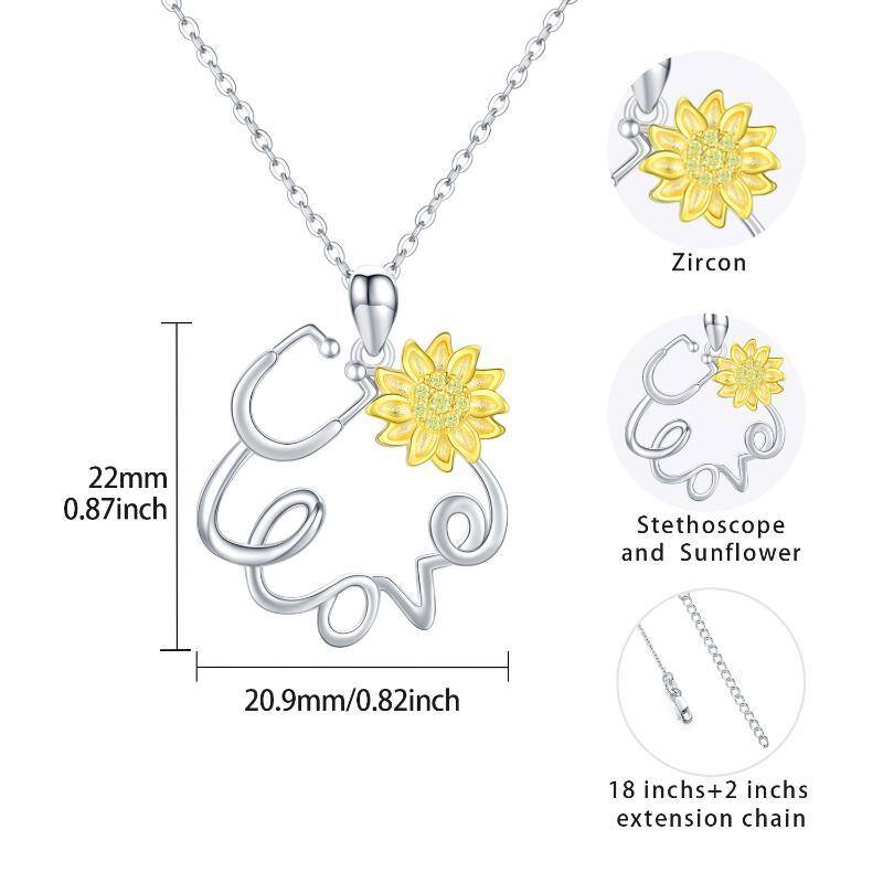 Sterling Silver Circular Shaped Cubic Zirconia Sunflower & Stethoscope Pendant Necklace with Engraved Word-5