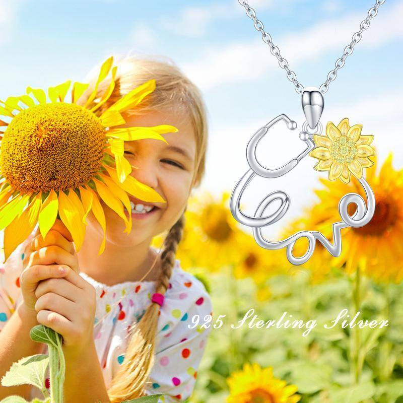 Sterling Silver Circular Shaped Cubic Zirconia Sunflower & Stethoscope Pendant Necklace with Engraved Word-6