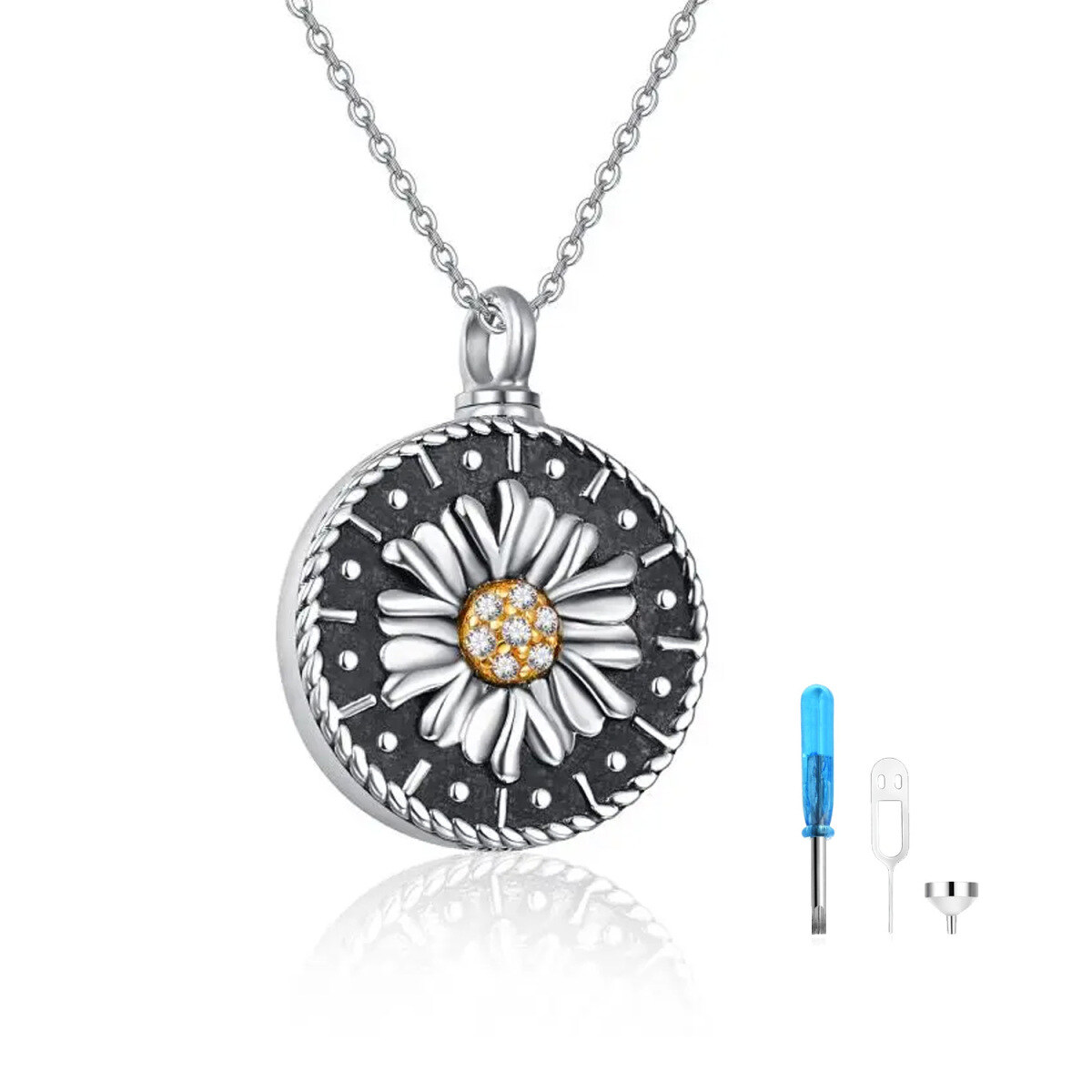 Collana d'argento circolare con girasole a forma di cubo di zirconio per le ceneri-1