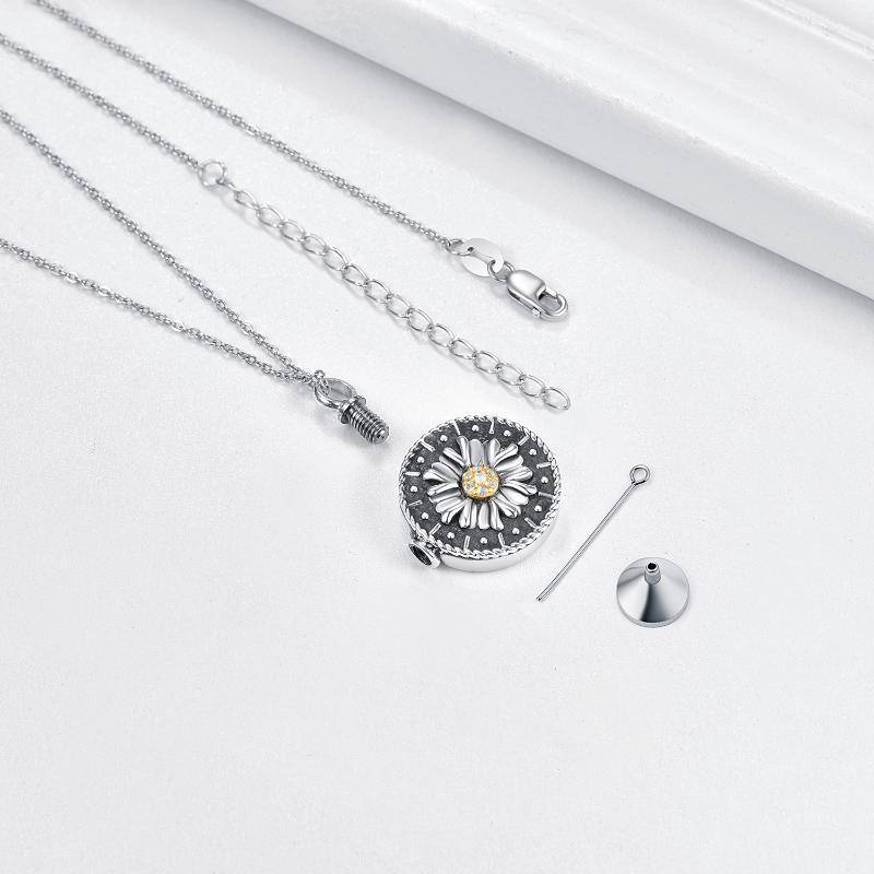 Collana d'argento circolare con girasole a forma di cubo di zirconio per le ceneri-4