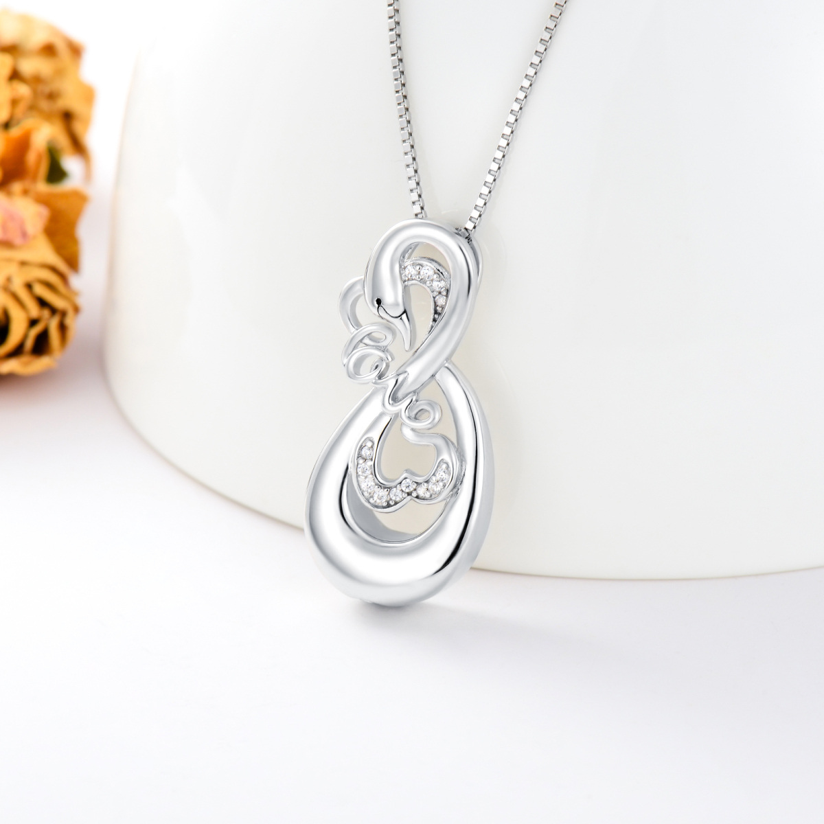 Sterling Silver Circular Shaped Cubic Zirconia Swan Urn Necklace for Ashes with Engraved Word-3