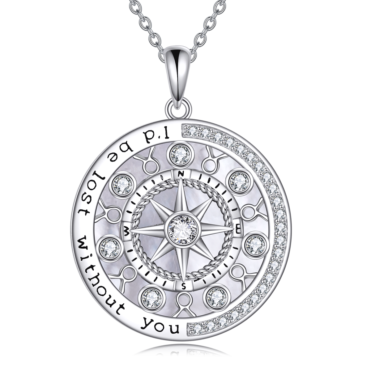 Sterling Silver Circular Shaped Cubic Zirconia Taurus & Compass Pendant Necklace-1