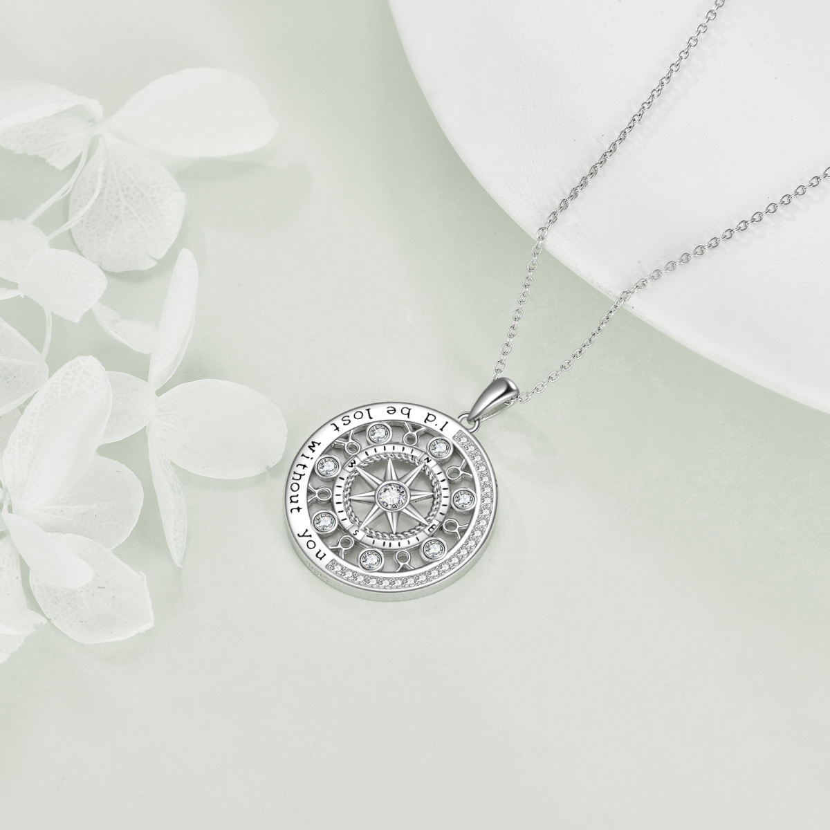 Sterling Silver Circular Shaped Cubic Zirconia Taurus & Compass Pendant Necklace-3