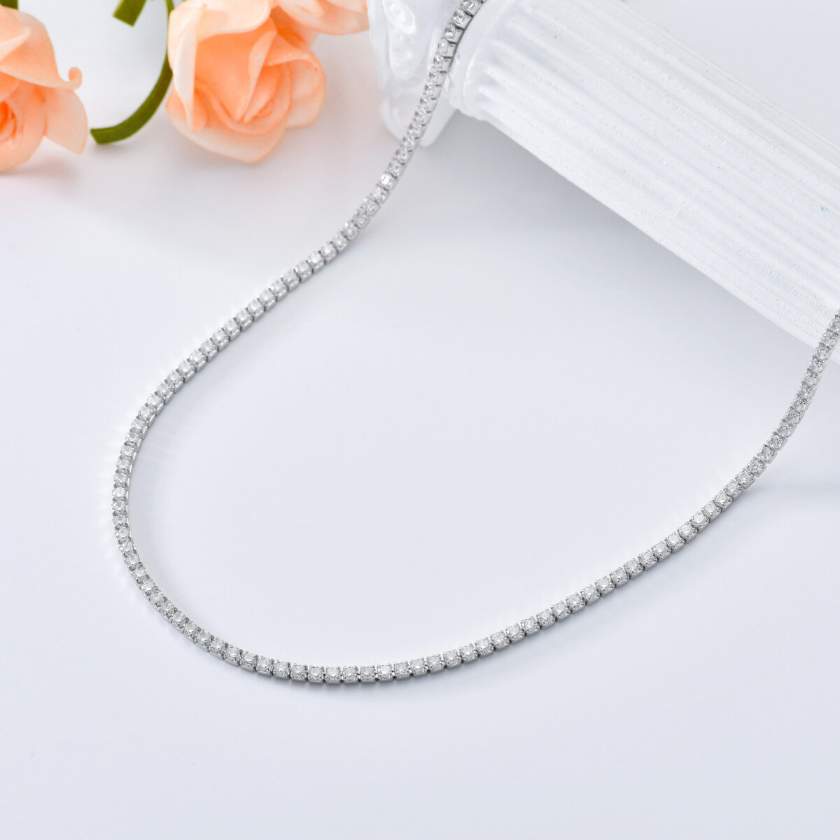 Sterling Silver Circular Shaped Cubic Zirconia Tennis Chain Necklace-4