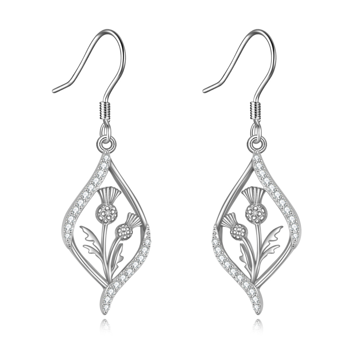 Sterling Silver Circular Shaped Cubic Zirconia Thistle Drop Earrings-1