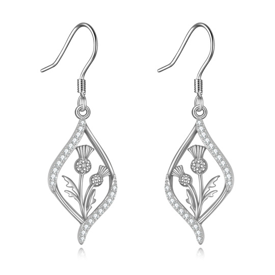 Sterling Silver Circular Shaped Cubic Zirconia Thistle Drop Earrings