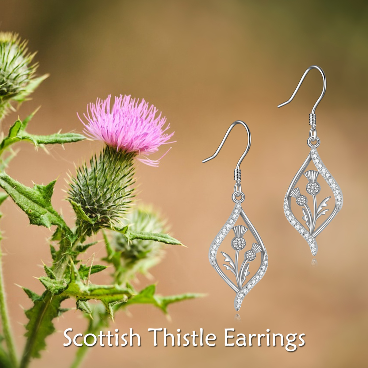 Sterling Silver Circular Shaped Cubic Zirconia Thistle Drop Earrings-6