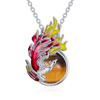 Sterling Silver Circular Shaped Tiger's Eye Phoenix Pendant Necklace-6