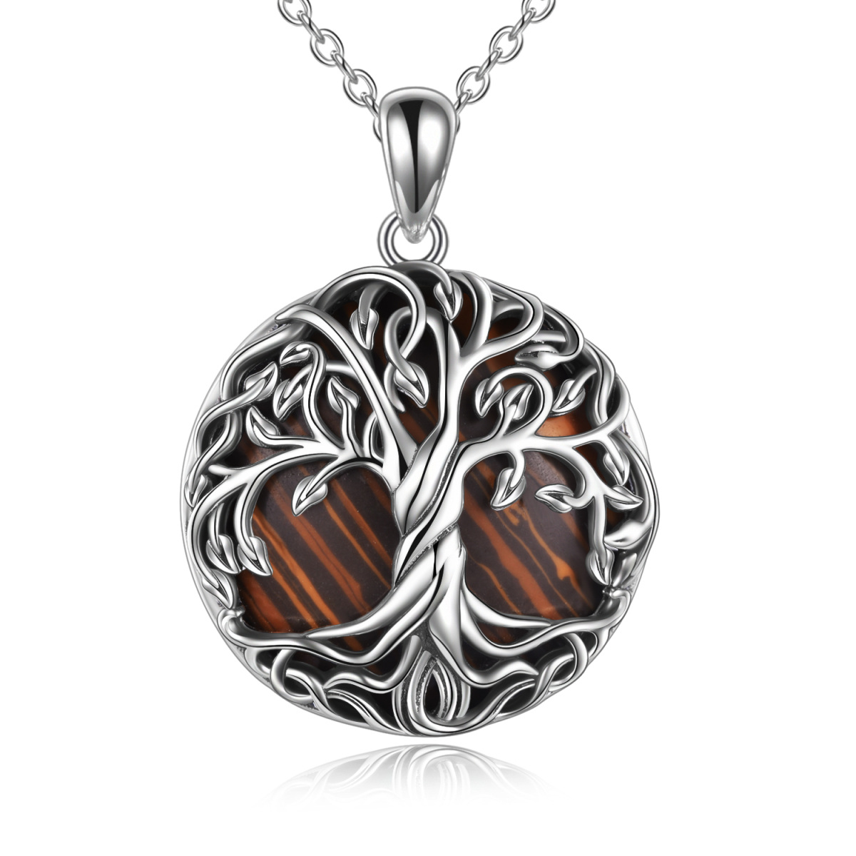 Sterling Silver Circular Shaped Tiger's Eye Tree Of Life Pendant Necklace-1