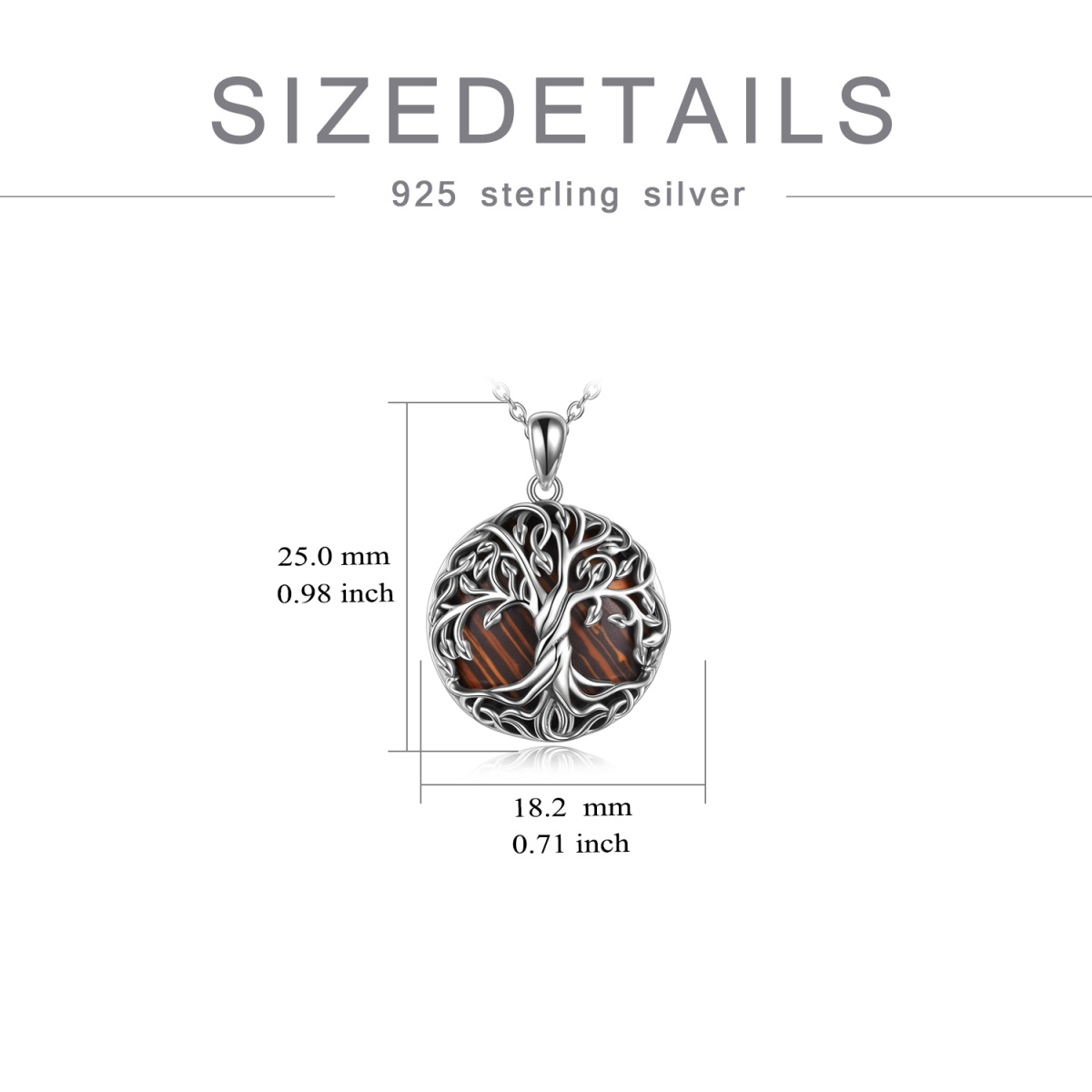 Sterling Silver Circular Shaped Tiger's Eye Tree Of Life Pendant Necklace-5