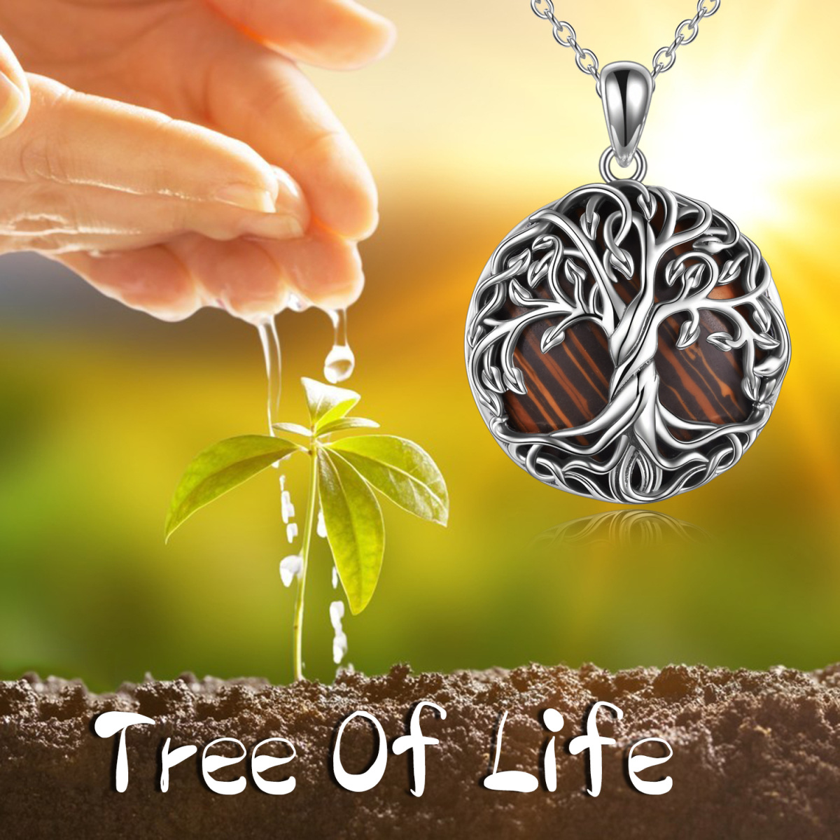 Sterling Silver Circular Shaped Tiger's Eye Tree Of Life Pendant Necklace-6