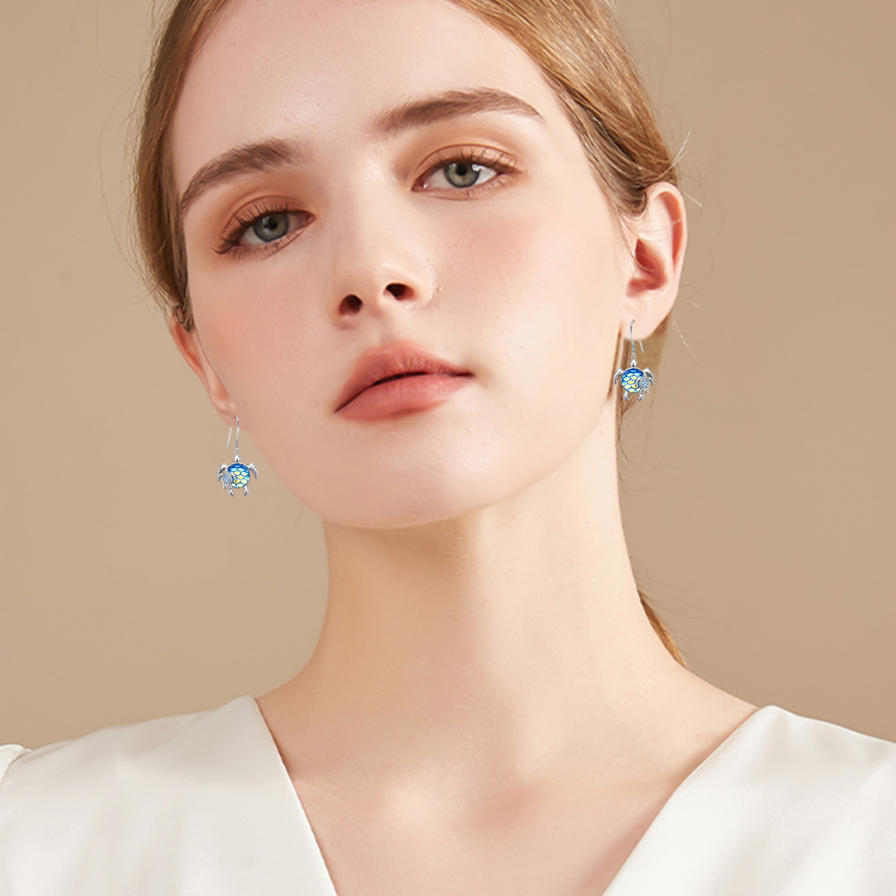 Sterling Silver Circular Shaped Cubic Zirconia Tortoise Drop Earrings-2