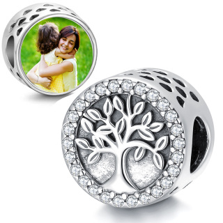 Sterling Silver Circular Shaped Cubic Zirconia Tree Of Life Bead Charm-15