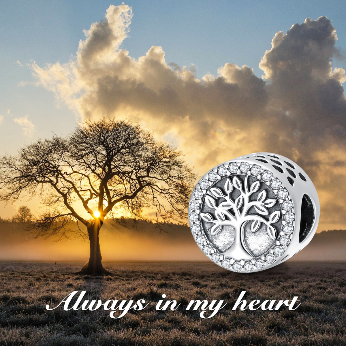 Sterling Silver Circular Shaped Cubic Zirconia Tree Of Life Bead Charm-5