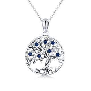 Sterling Silver Circular Shaped Cubic Zirconia Tree Of Life Calendered Chain Necklace-37