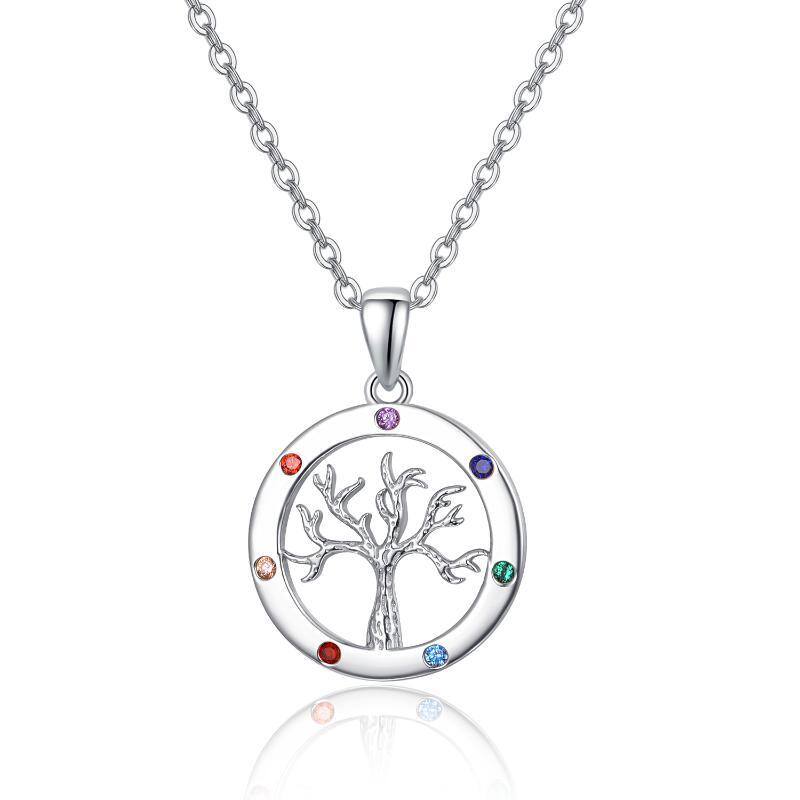 Sterling zilveren cirkelvormige cubic zirconia levensboom en chakra's hanger ketting-1