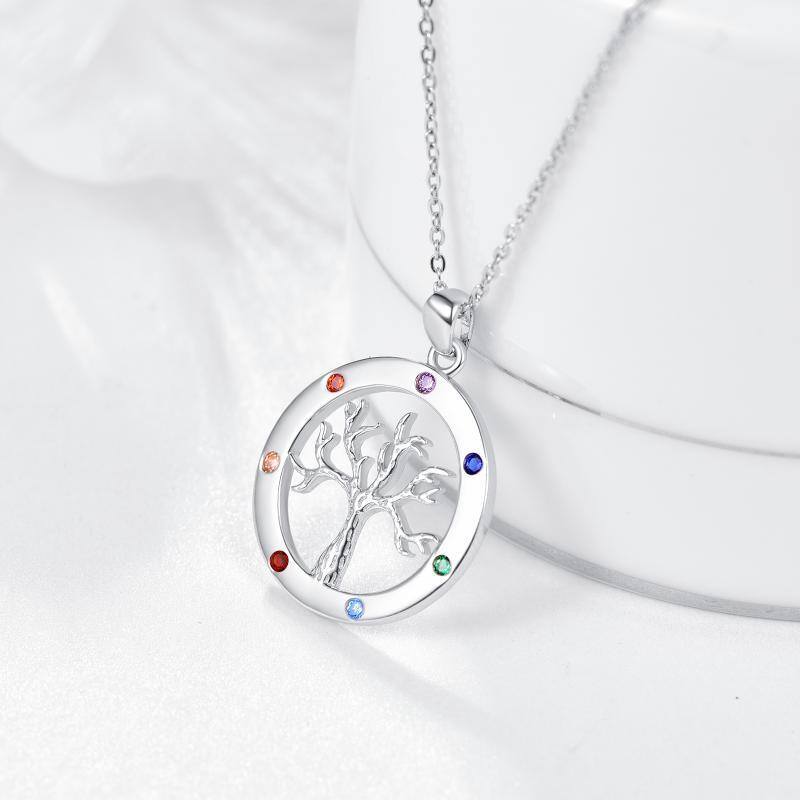 Sterling zilveren cirkelvormige cubic zirconia levensboom en chakra's hanger ketting-3