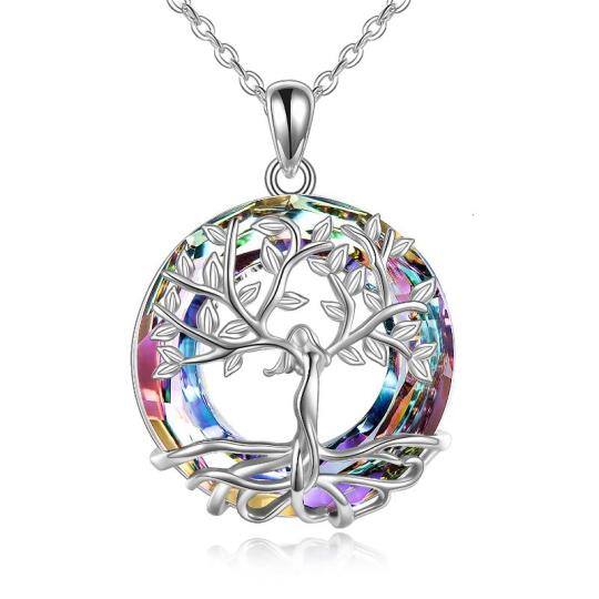 Sterling Silver Circular Shaped Tree Of Life Crystal Pendant Necklace