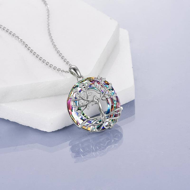 Sterling Silver Circular Shaped Tree Of Life Crystal Pendant Necklace-4