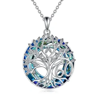 Sterling Silver Circular Shaped Tree Of Life Crystal Pendant Necklace-5