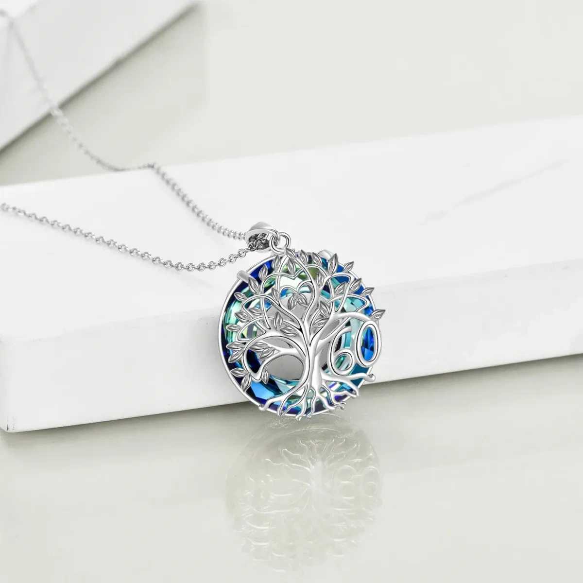 Sterling Silver Circular Shaped Tree Of Life Crystal Pendant Necklace-3