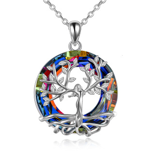 Sterling Silver Circular Shaped Tree Of Life Crystal Pendant Necklace-58