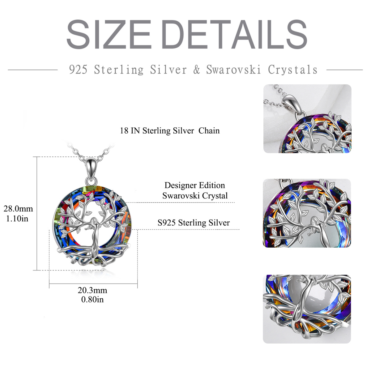 Sterling Silver Circular Shaped Tree Of Life Crystal Pendant Necklace-5