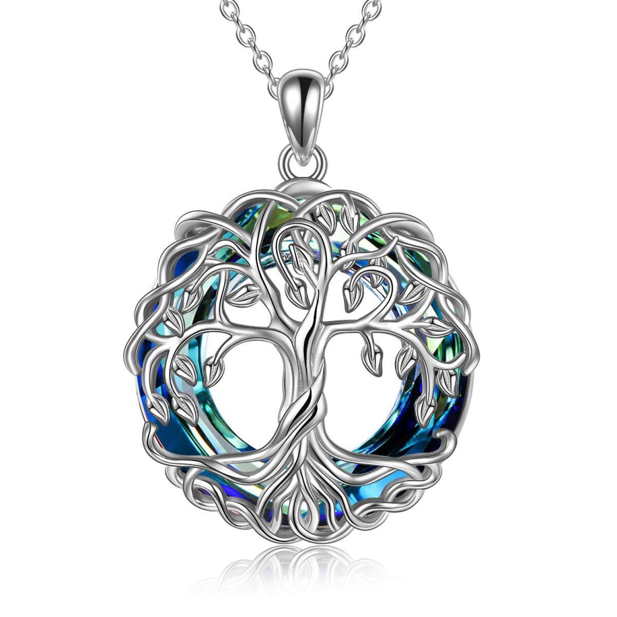 Sterling Silver Circular Shaped Tree Of Life Crystal Pendant Necklace-1