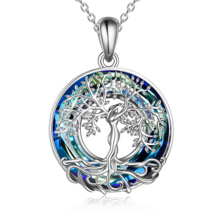 Sterling Silver Circular Shaped Tree Of Life Crystal Pendant Necklace-47