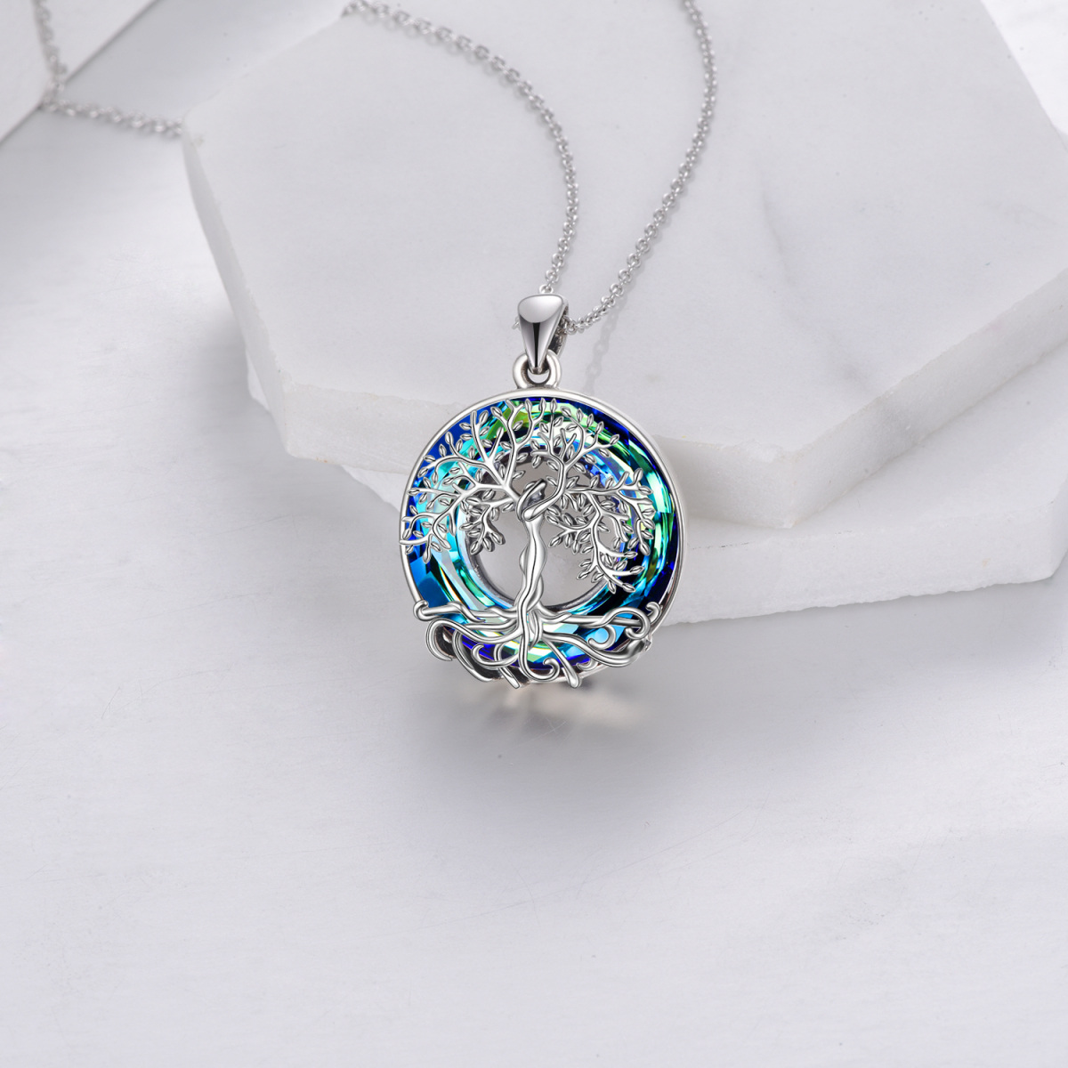 Sterling Silver Circular Shaped Tree Of Life Crystal Pendant Necklace-4