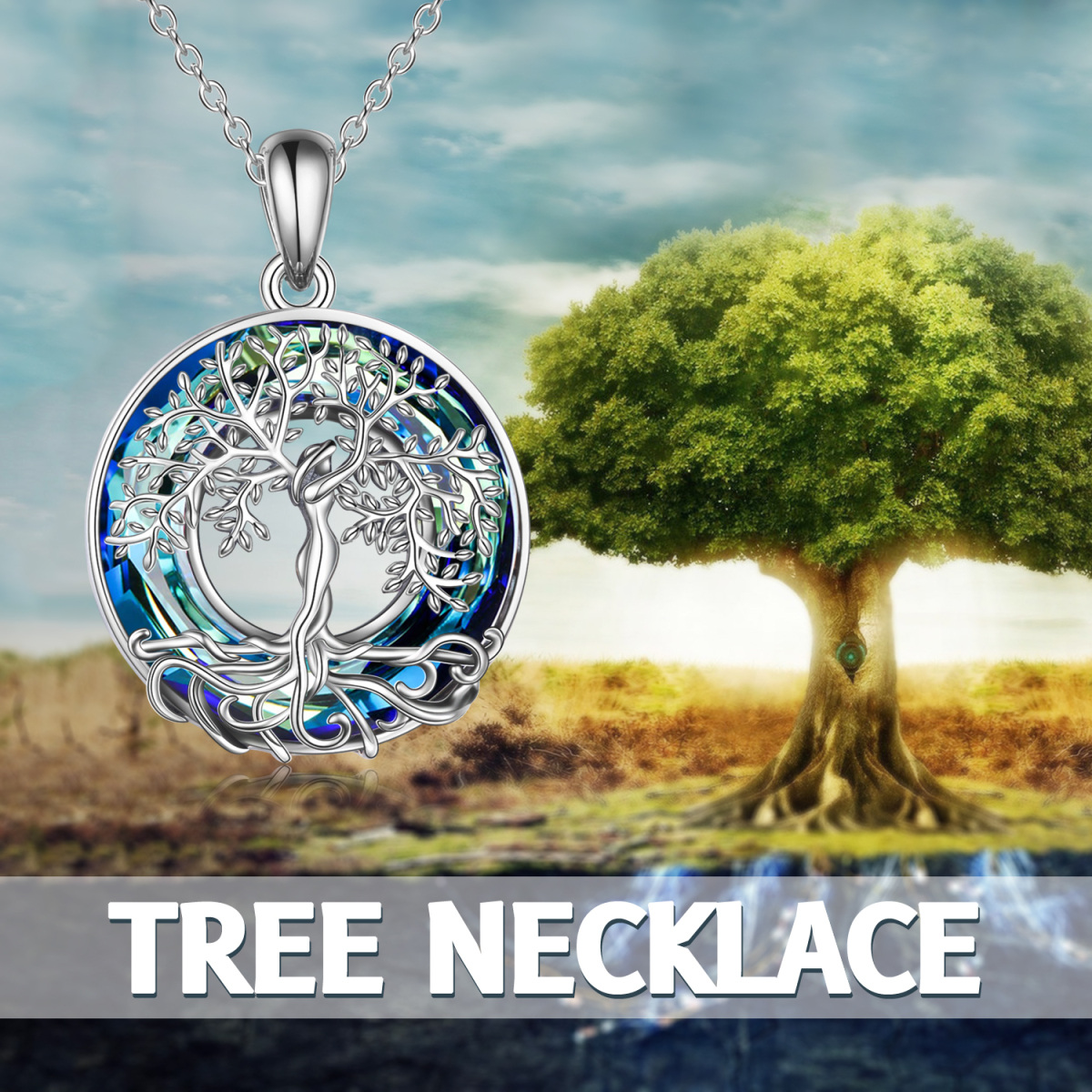 Sterling Silver Circular Shaped Tree Of Life Crystal Pendant Necklace-5