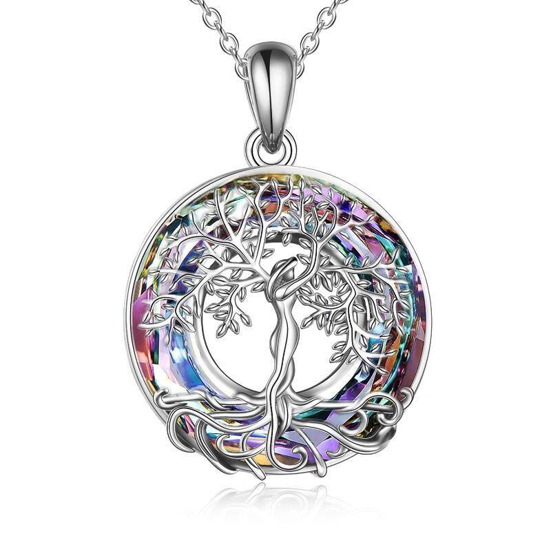 Sterling Silver Circular Shaped Tree Of Life Crystal Pendant Necklace-1