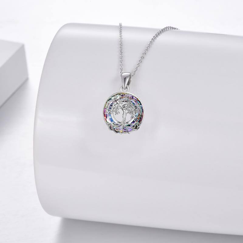 Sterling Silver Circular Shaped Tree Of Life Crystal Pendant Necklace-2