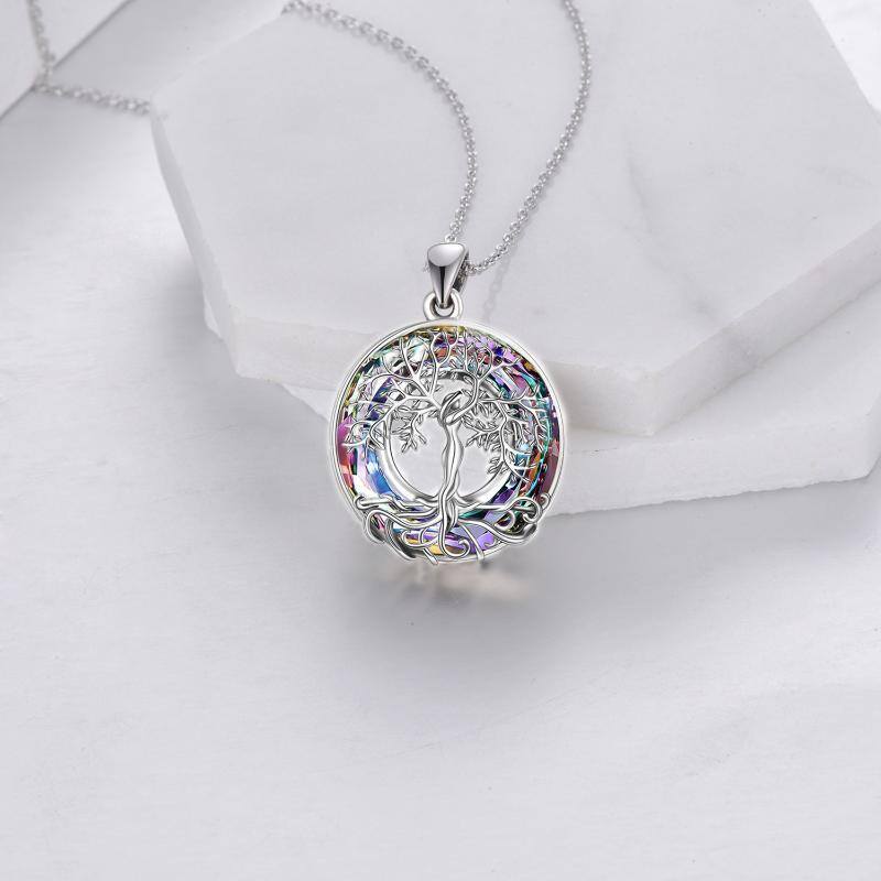 Sterling Silver Circular Shaped Tree Of Life Crystal Pendant Necklace-3