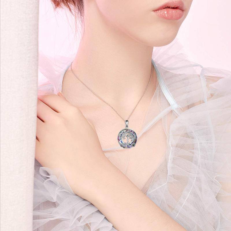 Sterling Silver Circular Shaped Tree Of Life Crystal Pendant Necklace-4