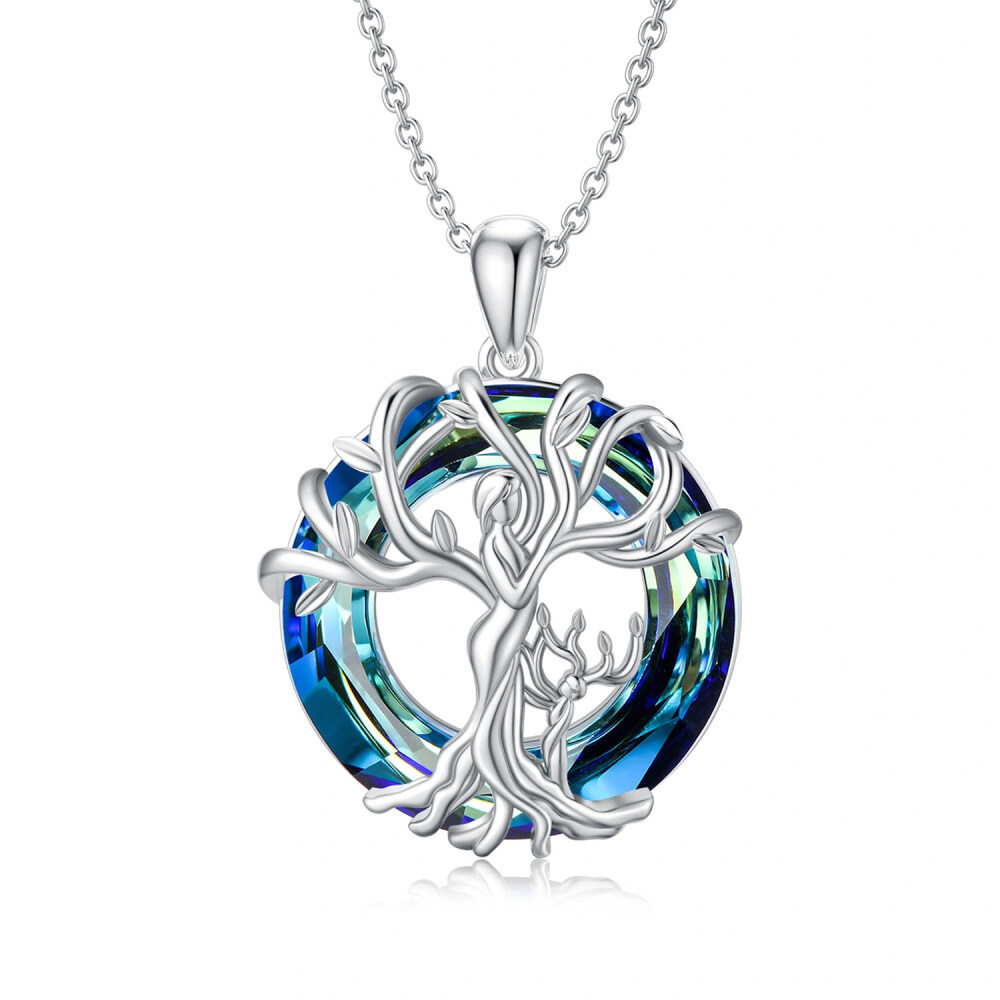 Sterling Silver Circular Shaped Tree Of Life Crystal Pendant Necklace-1