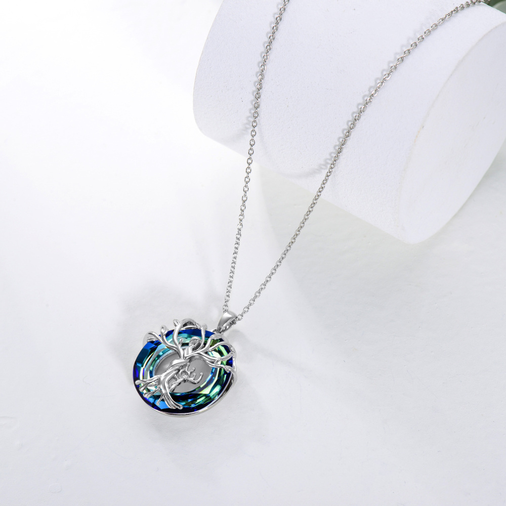 Sterling Silver Circular Shaped Tree Of Life Crystal Pendant Necklace-4