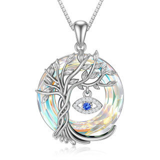 Sterling Silver Circular Shaped Tree Of Life & Evil Eye Crystal Pendant Necklace-4