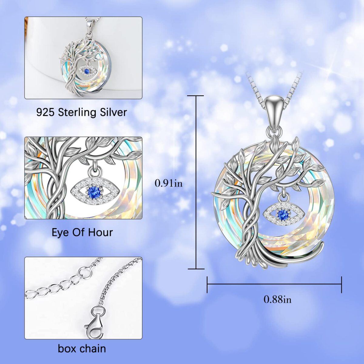 Sterling Silver Circular Shaped Tree Of Life & Evil Eye Crystal Pendant Necklace-3