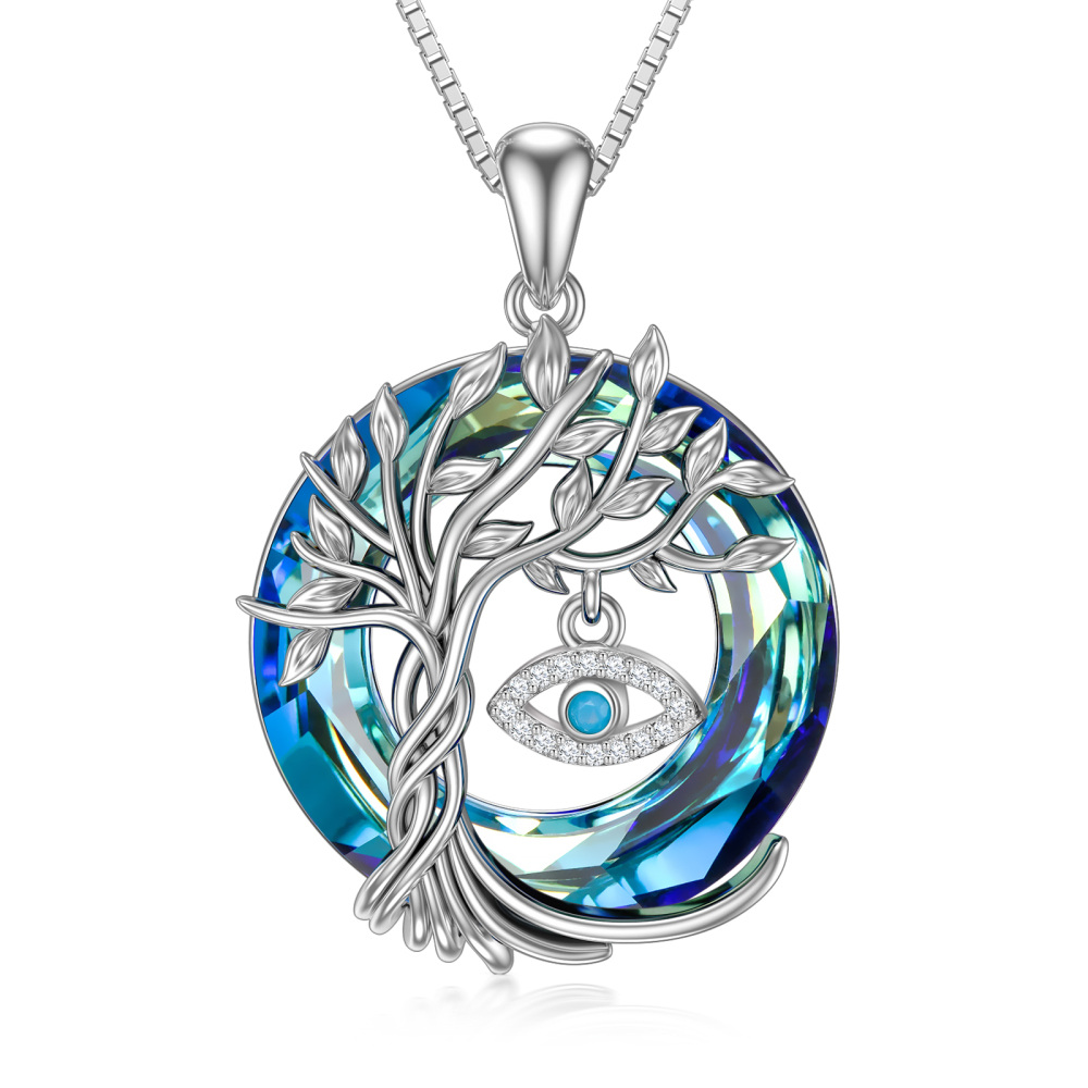 Sterling Silver Circular Shaped Tree Of Life & Evil Eye Crystal Pendant Necklace-1