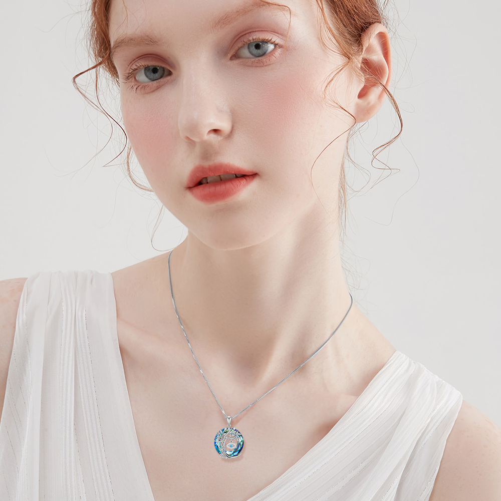 Sterling Silver Circular Shaped Tree Of Life & Evil Eye Crystal Pendant Necklace-2