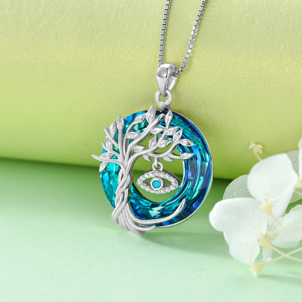 Sterling Silver Circular Shaped Tree Of Life & Evil Eye Crystal Pendant Necklace-3